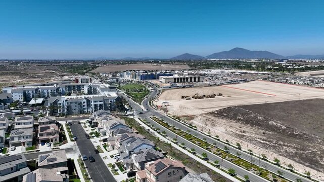 New development real estate. Aerial view of residential houses and driveways neighborhood in south San Diego, Chula Vista. Packed homes. Top view over private houses