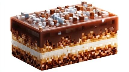 3D pixelated cake slice with chocolate and cream layers