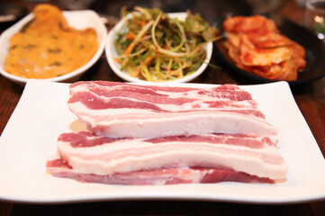 Korean pork barbecue. raw pork belly