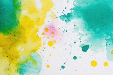 Watercolor paper background with bold brush strokes and abstract paint splashes in green and yellow.