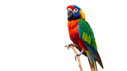 Fototapeta premium A vibrant parrot perched on a branch displaying its colorful plumage against a black background space