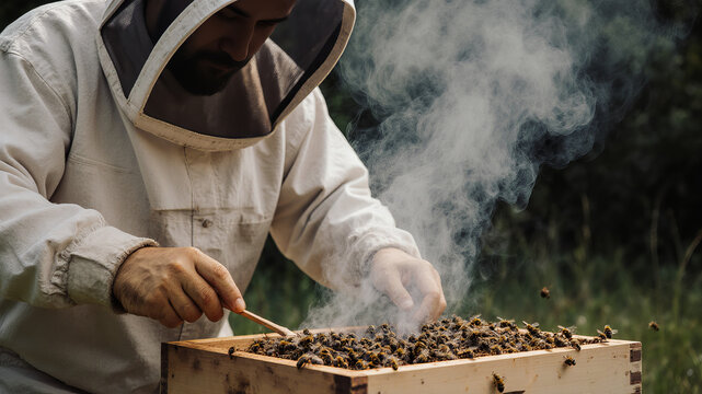 Beekeeper using smoke tool during hive inspection in sunny green setting