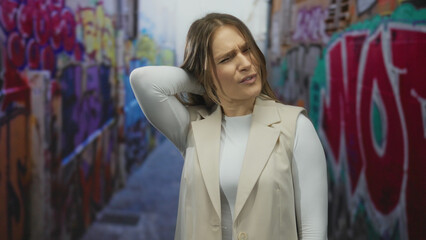 Woman standing outdoors on city street with colorful graffiti holding neck in discomfort, wearing beige jacket, suggesting urban lifestyle.