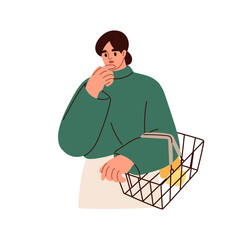 Thoughtful woman with shopping basket. Customer thinking before buying in supermarket, choosing grocery, doubting. Pensive puzzled shopper. Flat vector illustration isolated on white background