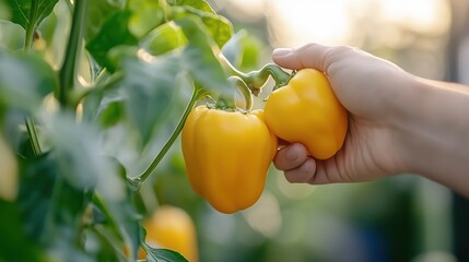 Picking ripe yellow bell peppers in a garden during sunset for a fresh harvest experience