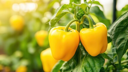 Yellow bell peppers grow in a sunny greenhouse, showcasing vibrant colors and fresh produce during the growing season