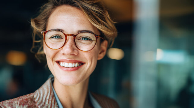 Smiling woman with glasses, wearing stylish blazer, exuding confidence and warmth in modern office environment, showcasing professionalism and approachability