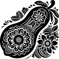 Papaya Solid Black Color Vector Silhouette in Traditional Mexican Folk Art Style