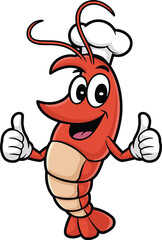 Cartoon shrimp chef mascot vector illustration with happy face, seafood character, funny prawn with chef hat for restaurant menu, food branding, and logo design