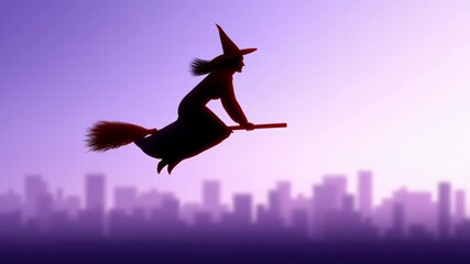 Witch silhouette flying broomstick over city skyline dusk purple sky creating mysterious magical atmosphere enchanting night scene