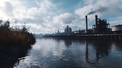 Industrial plant with chimneys reflecting in a tranquil river