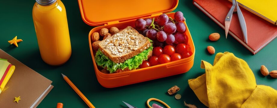 The Lunchbox with Sandwich and Fresh Produce on a Green Table - Powered by Adobe
