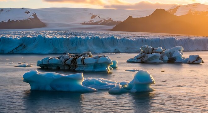 Stunning glacial lagoon with floating icebergs bathed in warm golden hour sunset light - Powered by Adobe