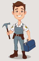 Happy young male worker holding a hammer and a toolbox on a light background for concept