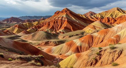 The breathtaking Danxia landforms in China, showcasing a stunning panoramic view of mountains with vibrant, multi-colored rock layers.