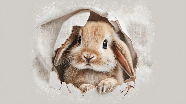 Close up portrait of a fluffy lop eared rabbit peeking through a textured background