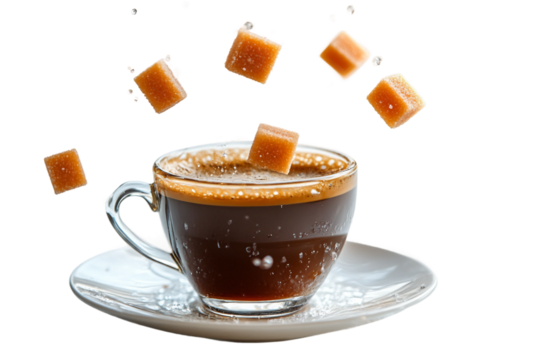 Espresso coffee with caramel sugar cubes isolated on transparent background