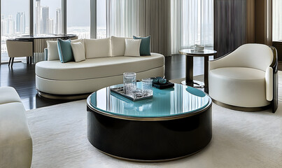Modern city view living room interior with white sofa and teal coffee table
