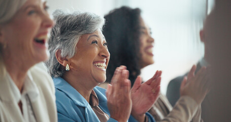 Applause, audience and laughing with business woman in convention center for seminar or workshop....