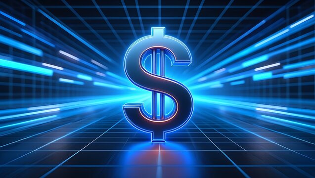 A glowing blue dollar sign emerges from a futuristic digital network of light streaks symbolizing financial technology and digital currency - Powered by Adobe