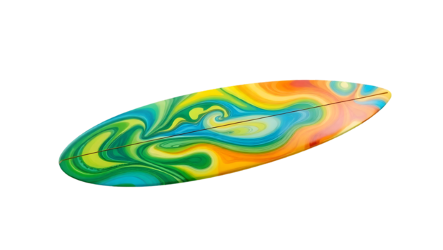 A surfboard with a psychedelic paint job featuring swirling colors on a black background studio shot