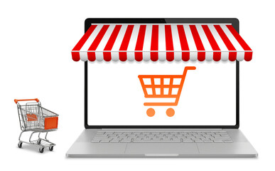 A conceptual image illustrating online shopping, featuring a laptop with a storefront awning on its screen and a miniature shopping cart next to it,