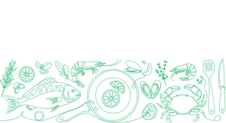 Obraz premium Fresh seafood illustration: vibrant and modern kitchen design, vector line art