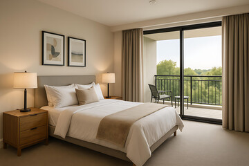 Stylish modern bedroom with balcony and natural outdoor view