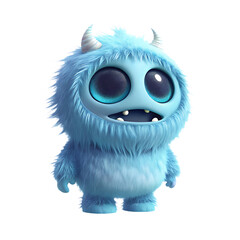 Fototapeta premium Adorable Blue Furry Monster with Big Eyes and Horns creature character isolated on a transparent background