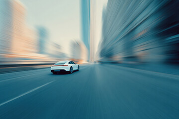 modern vehicle speeds through bustling urban landscape overlaid with ar data indicating traffic congestion