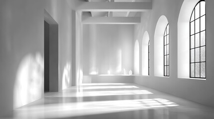 Fototapeta premium Minimalist Empty Space: Arched Windows and Light-shadow Design