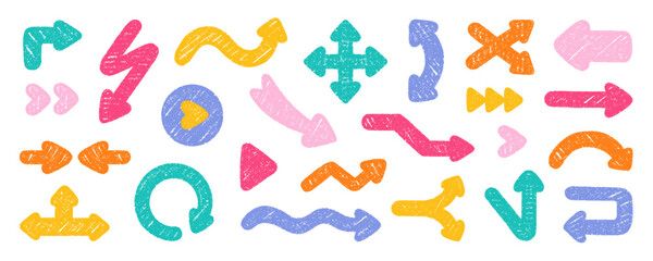 Chalk  arrows doodle set. Charcoal childish scribble direction pointers in sketch style. Crayon, pencil and Grunge texture. Hand drawn vector illustration isolated on white background