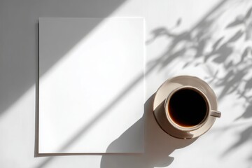 Mockup for design featuring a blank paper and a cup of coffee in natural light. A4 paper mockup with coffee cup