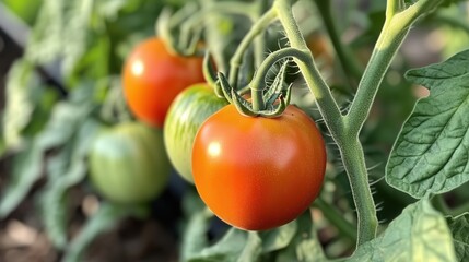 Ripe tomatoes growing on a vine in a garden under bright sunlight during the summer