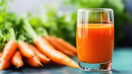 Freshly squeezed carrot juice served in a glass with fresh carrots in the background