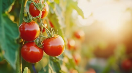 Ripe tomatoes hanging on vine during sunset in home garden