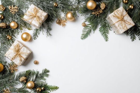 Christmas border with greenery, gifts, and gold ornaments