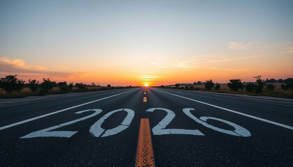 Asphalt Road Lined with Greenery Leading to Golden Horizon with 2026 Symbolizing Future