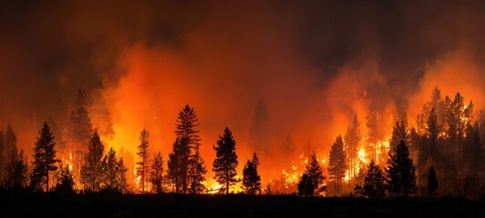 The devastating wildfire engulfing forests in bright flames and smoke.
