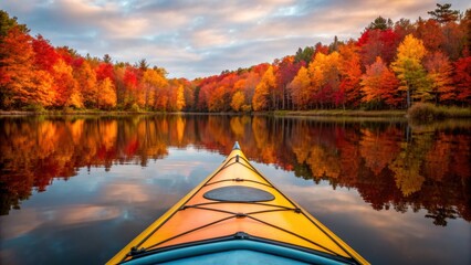 Solo kayak in valley reflects vibrant autumn colors on calm water creating serene and picturesque scene