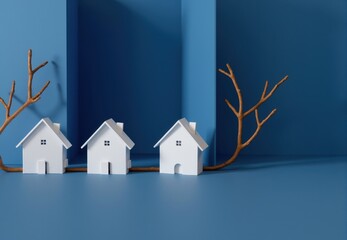 Three Miniature Houses and Branches on Blue Background