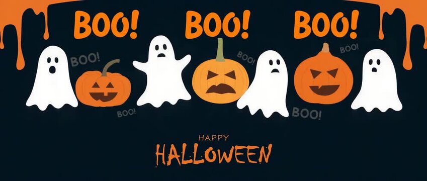 halloween banner with cute ghosts and pumpkins illustrated animation