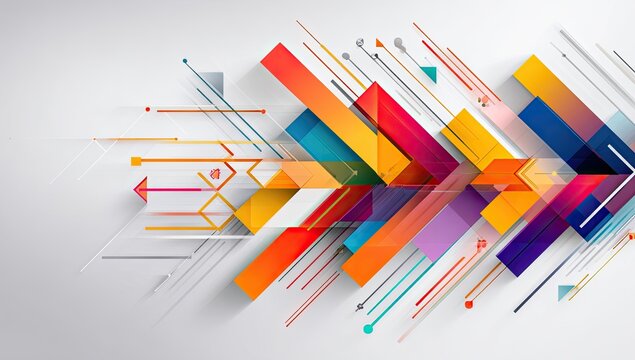 Abstract graphic design with vibrant, overlapping geometric shapes and lines, creating a dynamic, forward-moving composition - Powered by Adobe