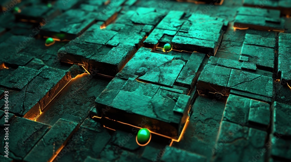 Poster abstract pattern of teal blocks with glowing lines