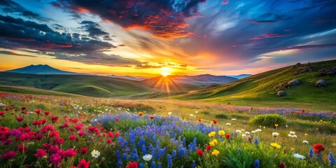 Fototapeta premium Vibrant Wildflower Meadow at Sunset