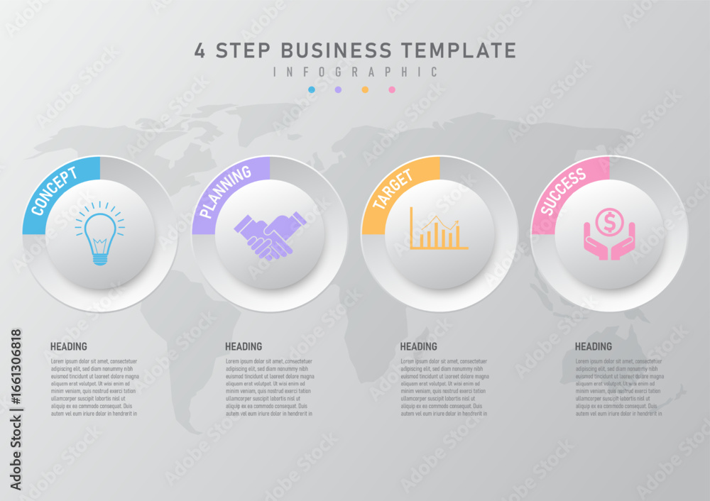Poster simple 4 steps business infographic template. circles and grey buttons with multicolored icons in th