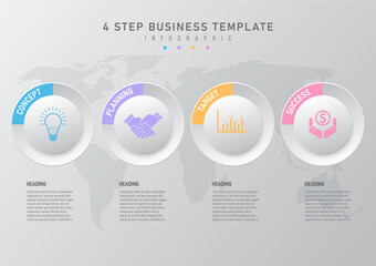 Simple 4 steps business infographic template. Circles and grey buttons with multicolored icons in the center. Below is grey text. Background has a map.