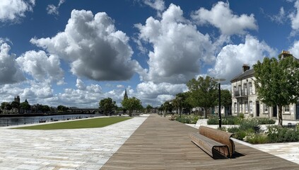 Wide riverside promenade, light-colored paving, lush greenery,  and puffy clouds
