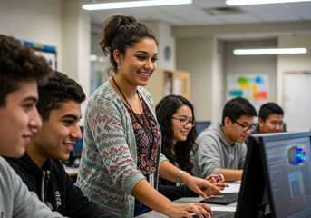 Students collaborate with a teacher in a computer lab classroom during a lesson