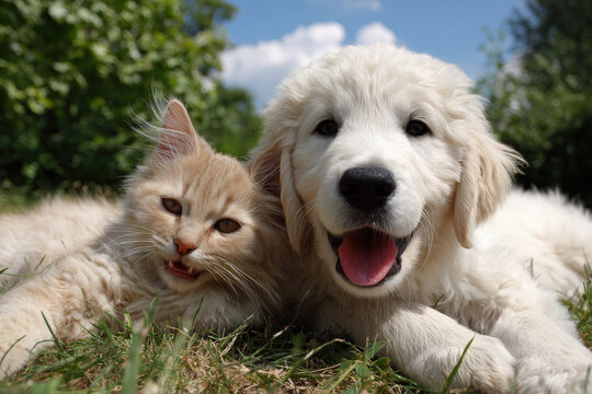 fluffy cat and cheerful dog are playing joyfully on green grass under bright blue sky